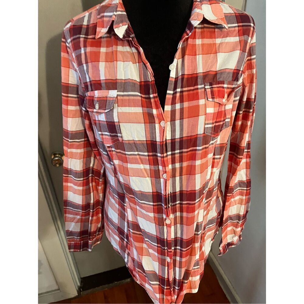 Old Navy Red White and Orange Plaid Button-Down Shirt